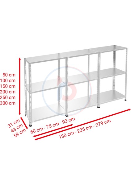 3 Katlı 3'lü Galvaniz Çelik Raf - Depo, Arşiv, Kiler, Dosya, Market Rafı - 31x75 cm-50 cm-1.00 mm