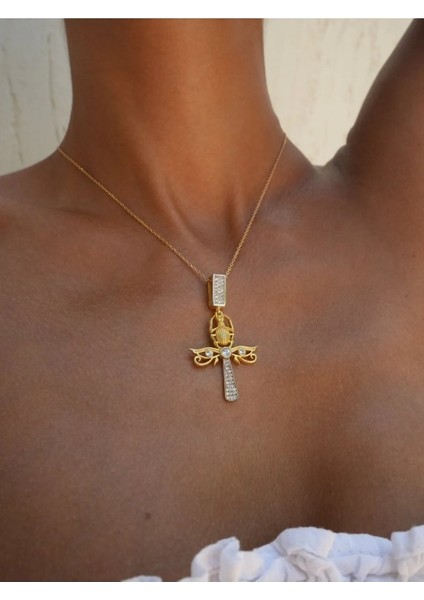 Kadın Gümüş Kolye - Ankh Mısır Scarab 925 Ayar Kolye - Işıklı Kutuda