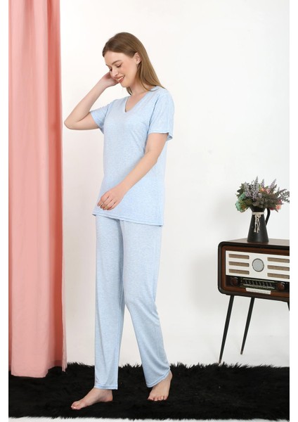 Modaserdem Mdsrdm Kadın Kısa Kol Pamuk Penye Pijama Takım Mavi 4213