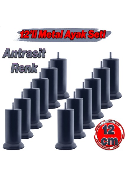 Mobilya Baza Metal 12 cm M8 Ince Diş 12 Adet Antrasit Ayağı Kanepe Koltuk Çekyat Yükseltme Ayakları