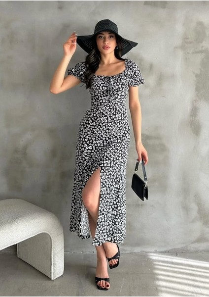 Çiçekli Yandan Gizli Ferrmuarlı Önden Bağlamalı Dokuma Elbise