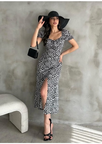 Çiçekli Yandan Gizli Ferrmuarlı Önden Bağlamalı Dokuma Elbise