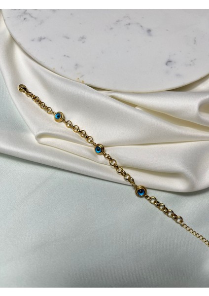 Gold Zincir Nazar Motifli Kararmaz Çelik Kadın Bileklik Yazlık Bileklik Abiye Bileklik Vintage Bileklik