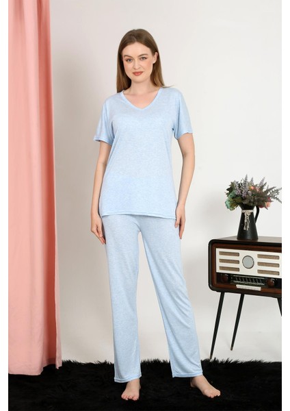 Kadın Kısa Kol Pamuk Penye Pijama Takım Mavi 4213 modelleri