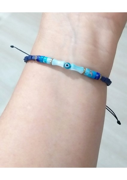 Varisit ve Hematit Doğaltaşlı Sedef ve Nazar Boncuklu Küp Miyuki Unisex Bileklik modelleri