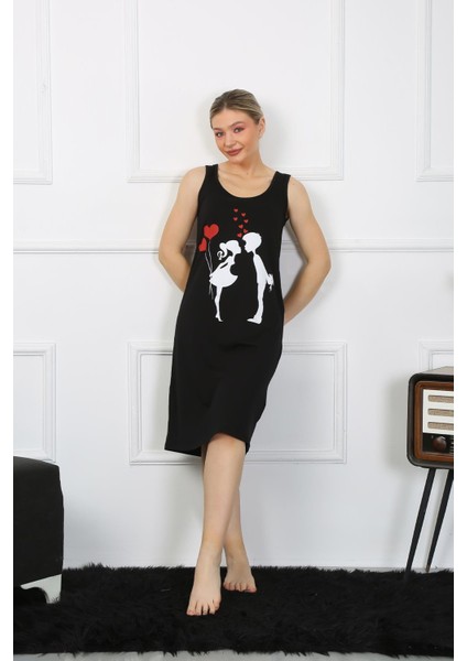 Kadın Kalın Askılı Penye Uzun Siyah Gecelik 12001