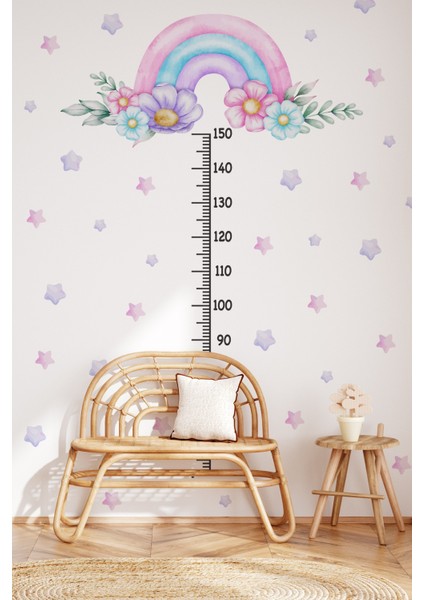 Soft Pembe Renklerde Gökkuşağı Çiçekler ve Yıldızlar Temalı Boy Ölçer Boy Cetveli Sticker Seti Çocuk