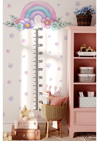 Soft Pembe Renklerde Gökkuşağı Çiçekler ve Yıldızlar Temalı Boy Ölçer Boy Cetveli Sticker Seti Çocuk fiyatları