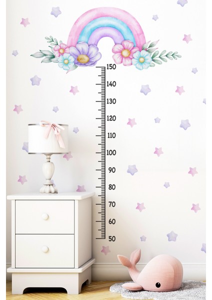 Soft Pembe Renklerde Gökkuşağı Çiçekler ve Yıldızlar Temalı Boy Ölçer Boy Cetveli Sticker Seti Çocuk modelleri
