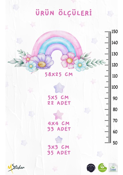 Soft Pembe Renklerde Gökkuşağı Çiçekler ve Yıldızlar Temalı Boy Ölçer Boy Cetveli Sticker Seti Çocuk fırsatları