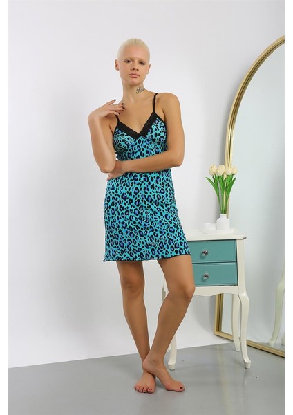 Modaserdem Mdsrdm Kadın Penye Su Yeşili Leopar Desenli Ip Askılı Gecelik 36712