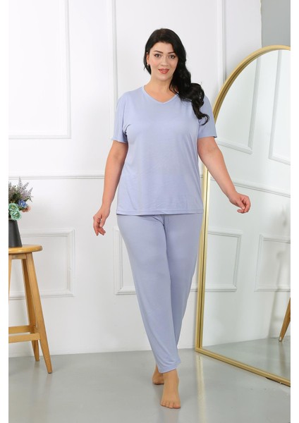 Modaserdem Mdsrdm Kadın Büyük Beden Kısa Kol Penye Pijama Takımı Lila 202405