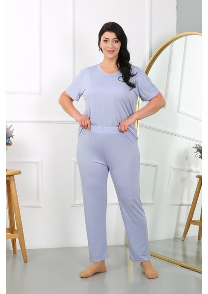 Modaserdem Mdsrdm Kadın Büyük Beden Kısa Kol Penye Pijama Takımı Lila 202405
