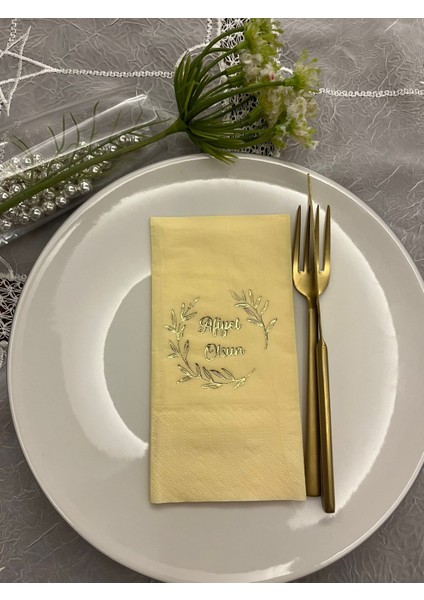 Gold Yaldızlı Sarı Afiyet Olsun Çiçekli Çelenk Garson Peçete 16 Adet