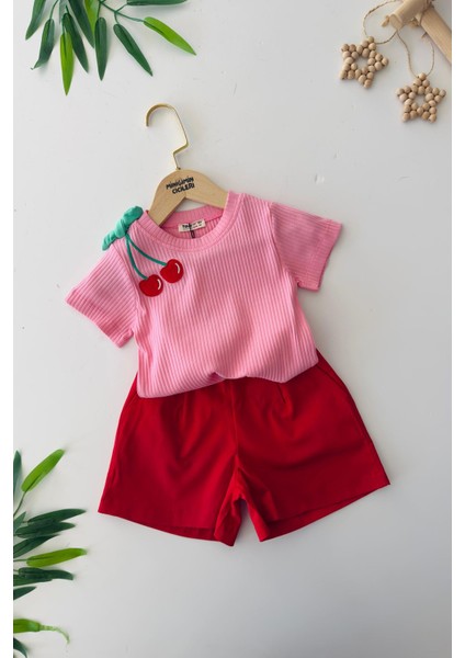 Kiraz Detaylı Kız Çocuk Gabardin Şortlu takım - Pembe