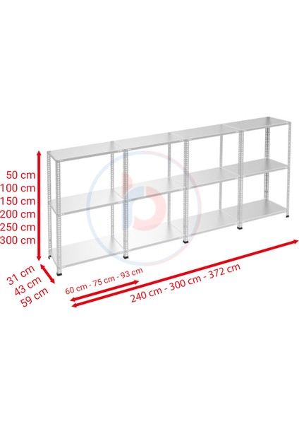 3 Katlı 4'lü Galvaniz Çelik Raf - Depo, Arşiv, Kiler, Dosya, Market Rafı - 31x93 cm-200 cm-0.70 mm