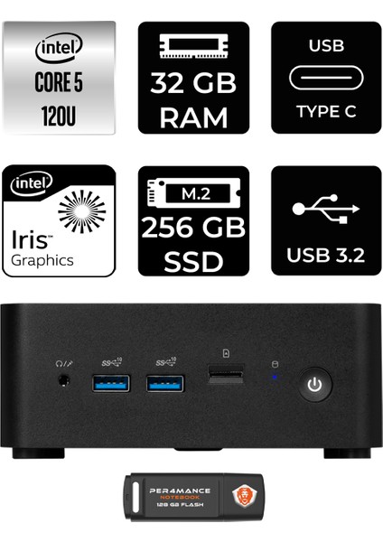 Msı Cubi Nuc Intel Core 5 120U 32GB 256GB SSD W11H Mini Masaüstü Bilgisayar & Per4 USB Bellek 1M013BEUP356