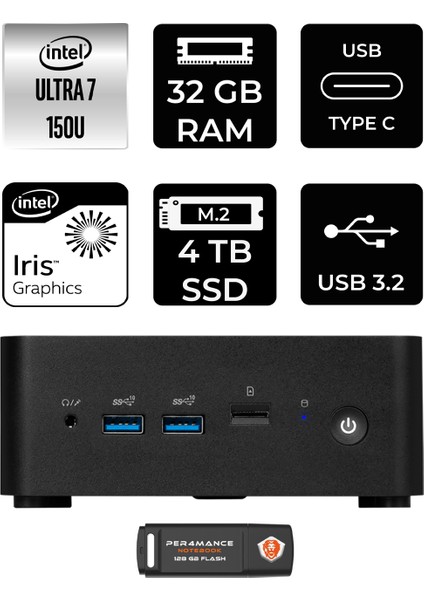 Msı Cubi Nuc Intel Core 7 150U 32GB 4tb SSD Fdos Mini Masaüstü Bilgisayar & Per4 USB Bellek 1M012BEUP320