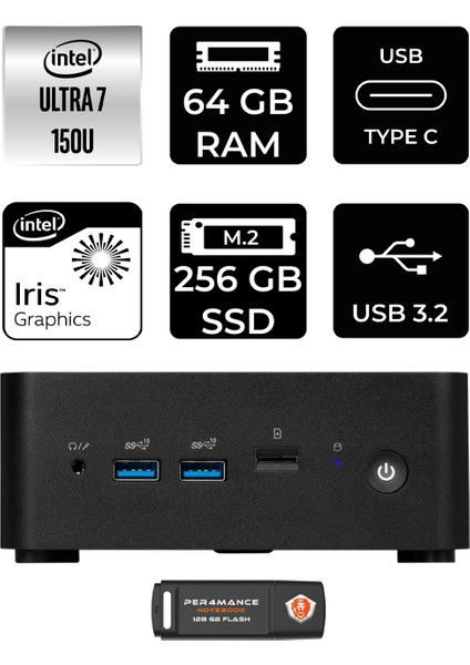 Msı Cubi Nuc Intel Core 7 150U 64GB 256GB SSD W11H Mini Masaüstü Bilgisayar & Per4 USB Bellek 1M012BEUP371