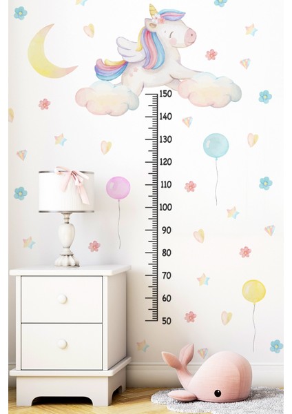 Sevimli Unicorn ve Rengarenk Figürler Temalı Boy Ölçer Boy Cetveli Sticker Seti Çocuk Çiçekli Yıldız