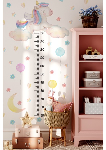 Sevimli Unicorn ve Rengarenk Figürler Temalı Boy Ölçer Boy Cetveli Sticker Seti Çocuk Çiçekli Yıldız fiyatları