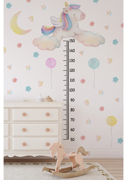 Sevimli Unicorn ve Rengarenk Figürler Temalı Boy Ölçer Boy Cetveli Sticker Seti Çocuk Çiçekli Yıldız modelleri