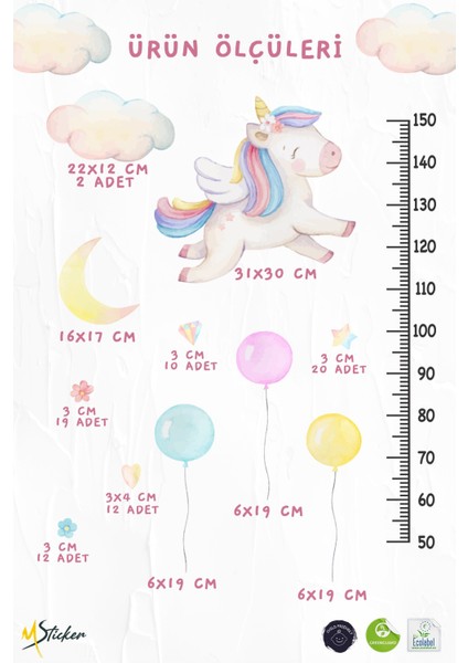 Sevimli Unicorn ve Rengarenk Figürler Temalı Boy Ölçer Boy Cetveli Sticker Seti Çocuk Çiçekli Yıldız fırsatları