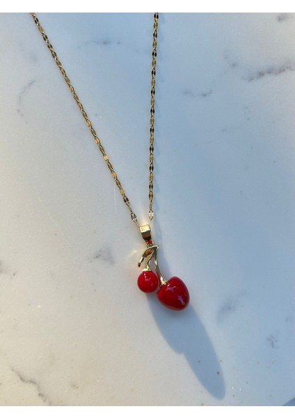 Gold Zincir Kiraz Motifli Kararmaz Çelik Kadın Kolye Yazlık Kolye Abiye Kolye Vintage Kolye