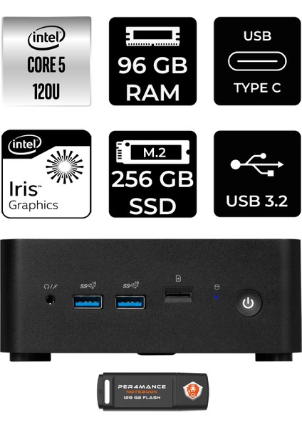 Msı Cubi Nuc Intel Core 5 120U 96GB 256GB SSD Fdos Mini Masaüstü Bilgisayar & Per4 USB Bellek 1M013BEUP336