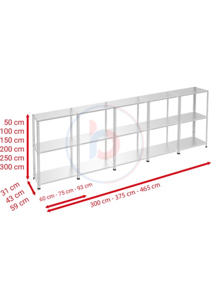 3 Katlı 5'li Galvaniz Çelik Raf - Depo, Arşiv, Kiler, Dosya, Market Rafı - 43x75 cm-50 cm-1.50 mm