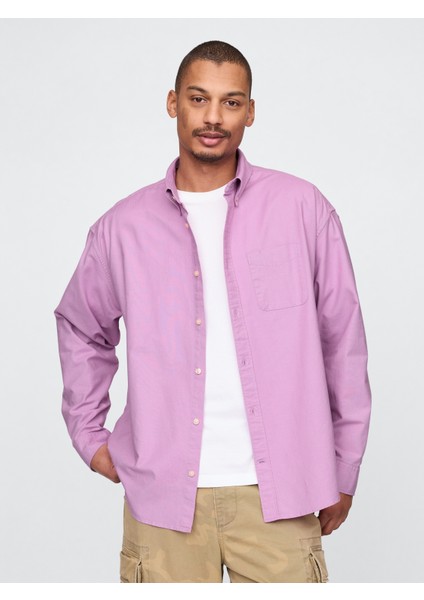 Erkek Mor Desenli Oxford Big Gömlek