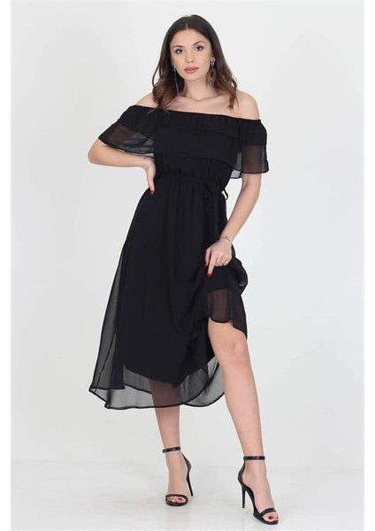 Dipmoda Kadın Yeni Sezon Madonna Yaka Bağlama Detaylı Şifon Elbise RY8060