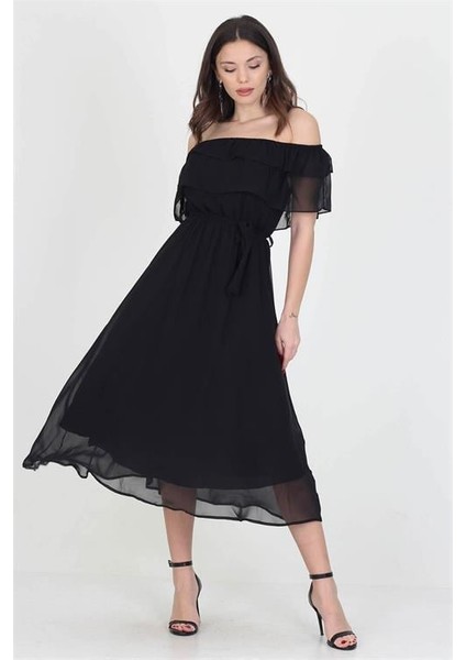 Dipmoda Kadın Yeni Sezon Madonna Yaka Bağlama Detaylı Şifon Elbise RY8060 fiyatları