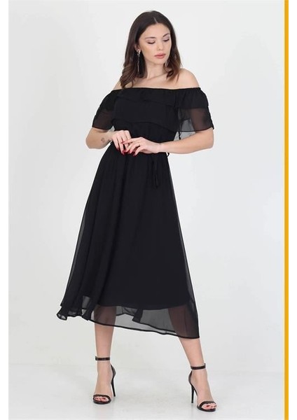 Dipmoda Kadın Yeni Sezon Madonna Yaka Bağlama Detaylı Şifon Elbise RY8060 fırsatları