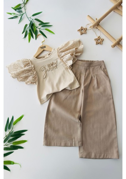 Fisto Kol Detaylı Good Baskılı Kız Çocuk Bluz & Bol Paça pantolon takım - Vizon