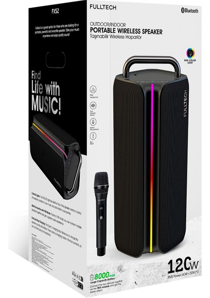 Fxs2 Taşınabilir Kablosuz Bluetooth Hoparlör Siyah | 120W Güç, Rgb Işık, Ipx4 Su Geçirmez, Tws, 8000MAH
