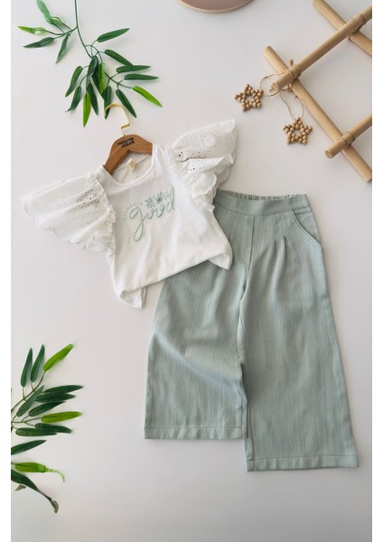 Fisto Kol Detaylı Good Baskılı Kız Çocuk Bluz & Bol Paça pantolon takım - Su Yeşili