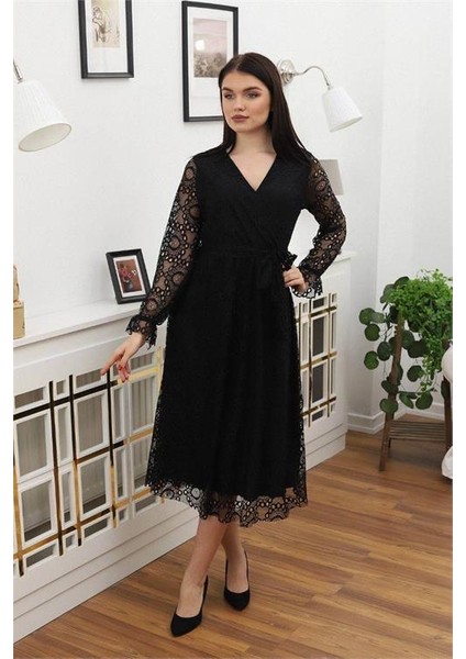 Dipmoda Kadın Bağlama Detaylı Dantel Elbise RSSN619 - Siyah