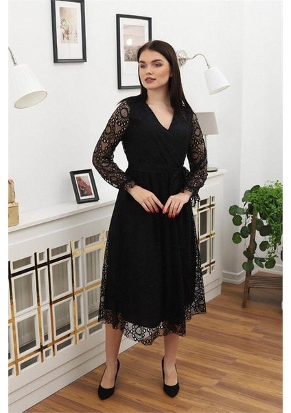 Dipmoda Kadın Bağlama Detaylı Dantel Elbise RSSN619 - Siyah fiyatları