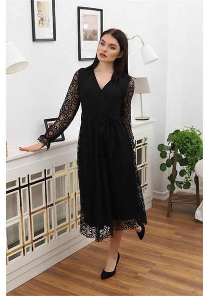 Dipmoda Kadın Bağlama Detaylı Dantel Elbise RSSN619 - Siyah modelleri