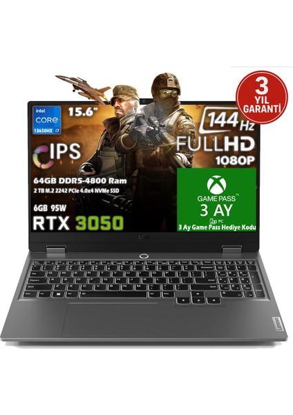 LOQ 15IRX9 Intel Core i7 13650HX 64GB 2TB SSD RTX 3050 6GB (95W) 15.6" FHD 144Hz IPS Panel Freedos Taşınabilir Bilgisayar 83DV011BTRH2