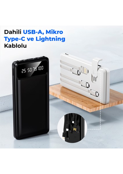 Pw-82 10.000MAH Powerbank Beyaz | Çoklu Şarj Kablolu, Hızlı & Taşınabilir Şarj Cihazı