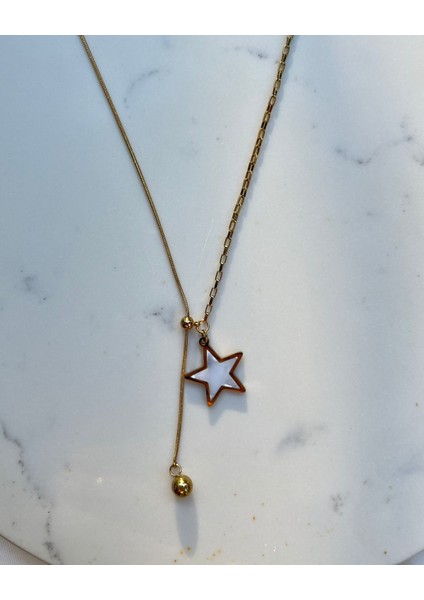 Gold Zincir Beyaz Yıldız Motifli Kararmaz Çelik Kadın Kolye Yazlık Kolye Abiye Kolye Vintage Kolye