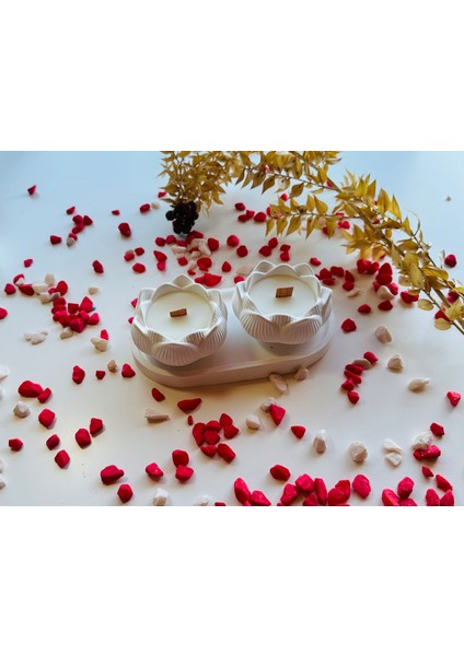 Dekoratif Lotus Çiçeği Mum ve Oval Tepsili Aksesuar Seti