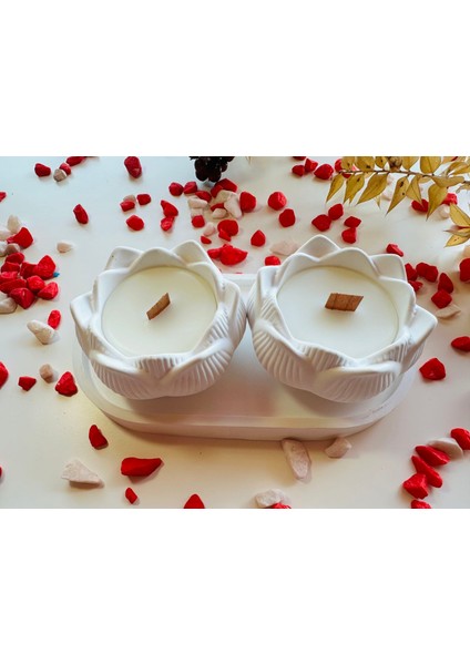 Dekoratif Lotus Çiçeği Mum ve Oval Tepsili Aksesuar Seti fiyatları