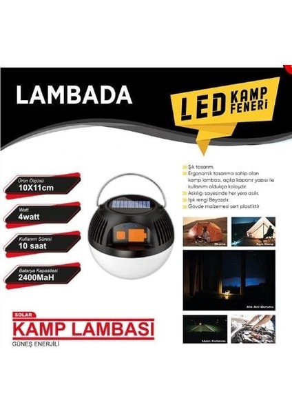 Kamp Feneri Güneş Enerjili Çakar 2 Fonksiyon Beyaz USB Giriş