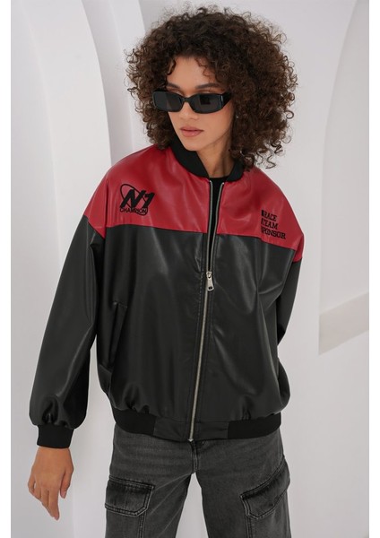 0698 Baskılı Suni Deri Bomber Ceket - Bordo