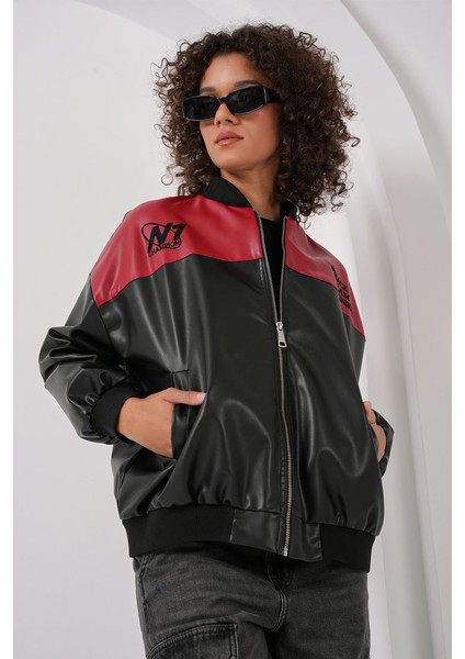 0698 Baskılı Suni Deri Bomber Ceket - Bordo