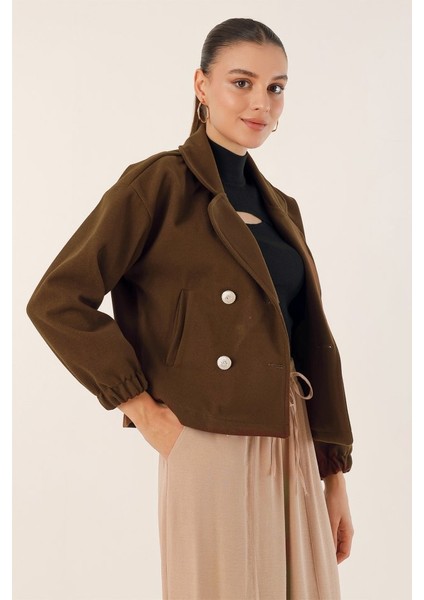 9117 Kruvaze Yaka Crop Ceket - Kahverengi