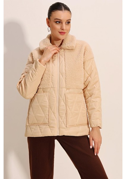5182 Peluş Detaylı Oversize Şişme Mont - Bej